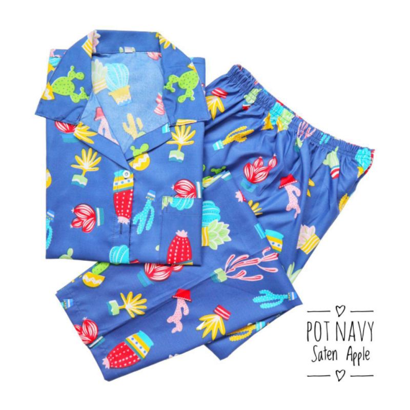 Baju Tidur Piyama Wanita Dewasa Piyama Baju Santai Motif Bunga-Pot Navy