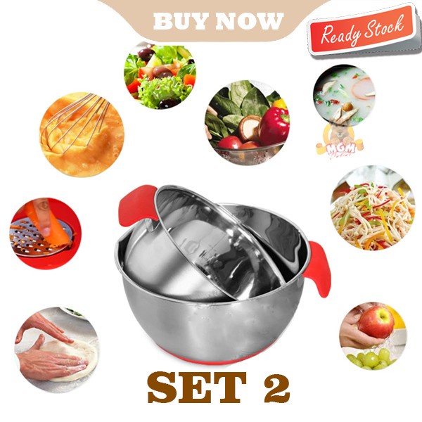 SET2 Stainless steel NON SLIP Silicone Mixing Bowl 2.5-4.5L Baskom