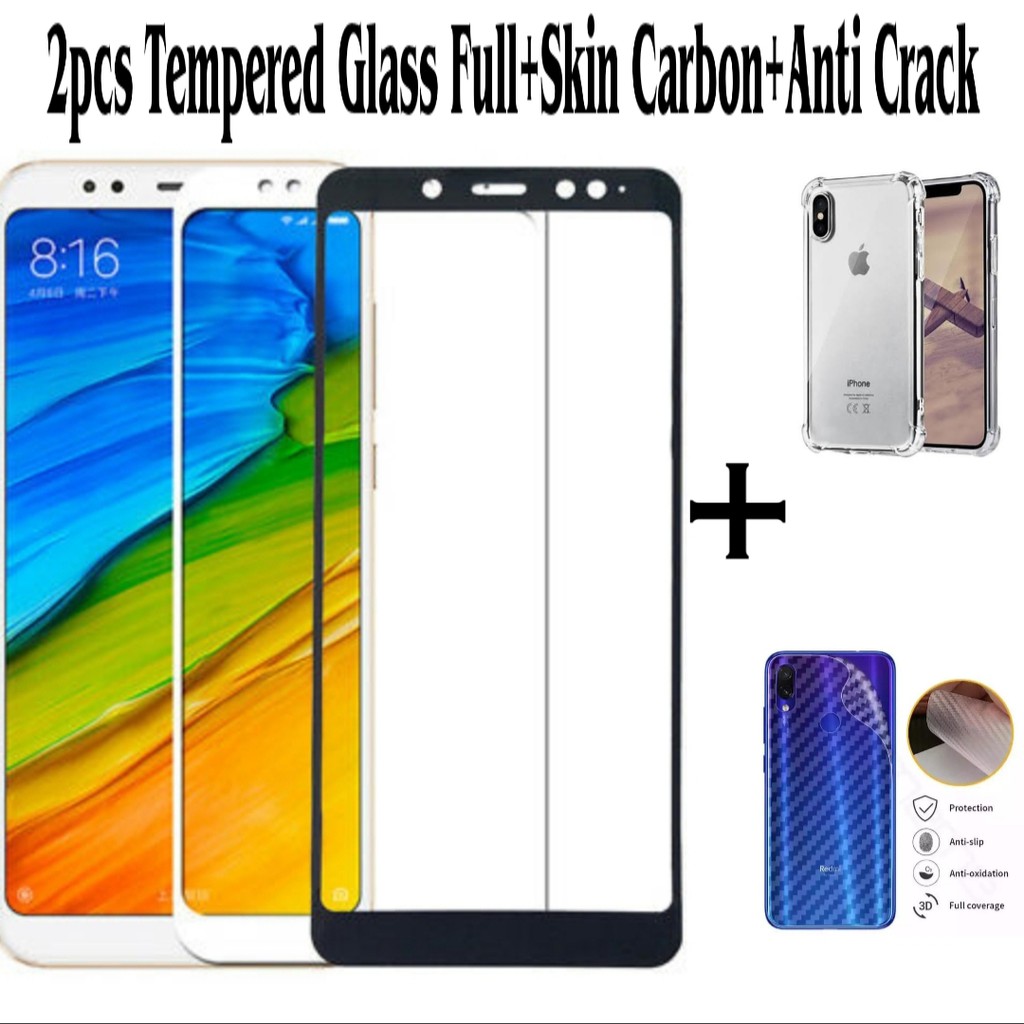 [PAKET PROMO] 2pcs Tempered Glass Full Redmi Note 7/ Redminote5Pro/Redminote8+Skin Carbon+Anti Crack