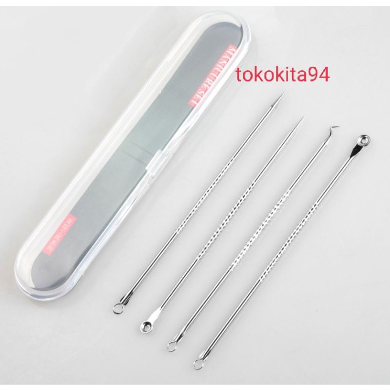 (Jakarta)Pinset Komedo Set 4 in 1 Free Kotak Stainless Steel 1Set isi 4 Pcs - Pencet Jerawat- Blackhead