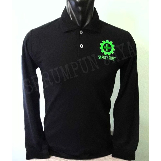 KAOS SAFETY FIRST HITAM PANJANG - KAOS KERAH SAFETY FIRST LENGAN PANJANG FULL BORDIR