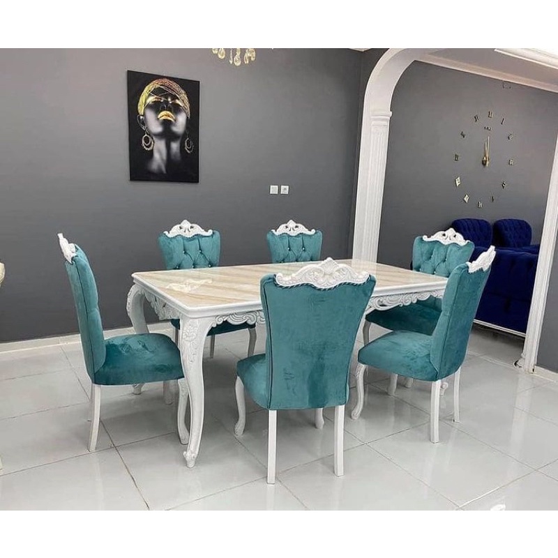 SET MEJA MAKAN UKIR MEWAH DUCO PUTIH.MEJA MAKAN 6 KURSI MEWAH