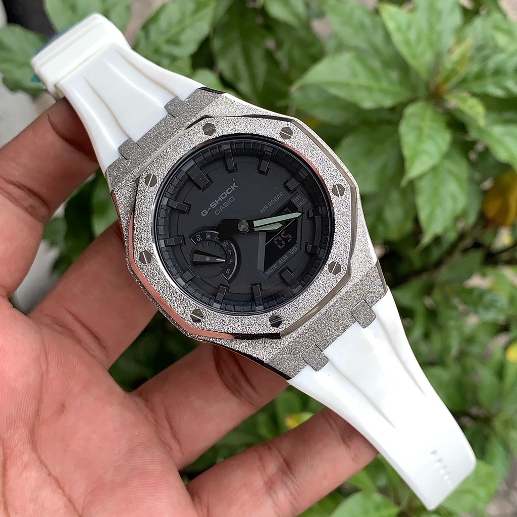 Casioak Gshock GA 2100 Full Black Diamond Silver Rubber White 44mm