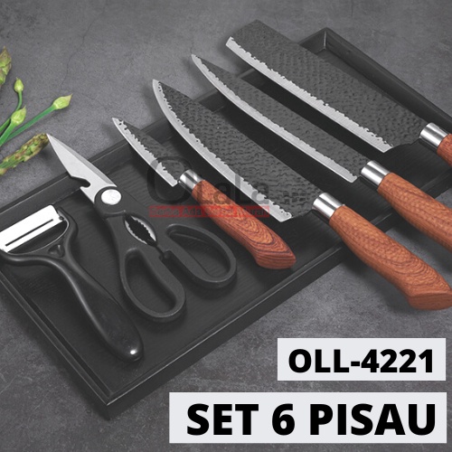 PISAU SET DAPUR PISAU STAINLESS HITAM MEWAH ELEGAN GAGANG KAYU 6PCS OLL-CH4221