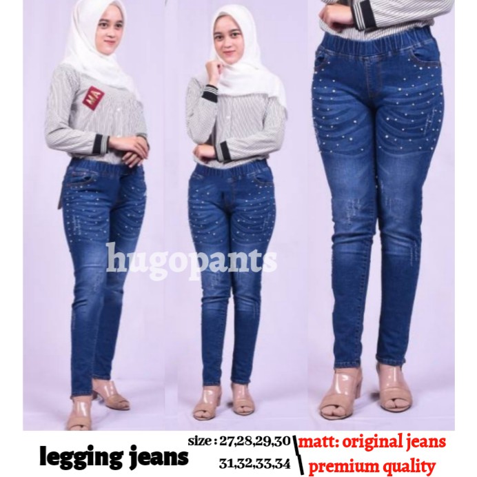 LEGING JEANS CELANA PANJANG WANITA PINGGANG KARET APLIKASI MUATIARA TEMBAK SIZE // 27-34