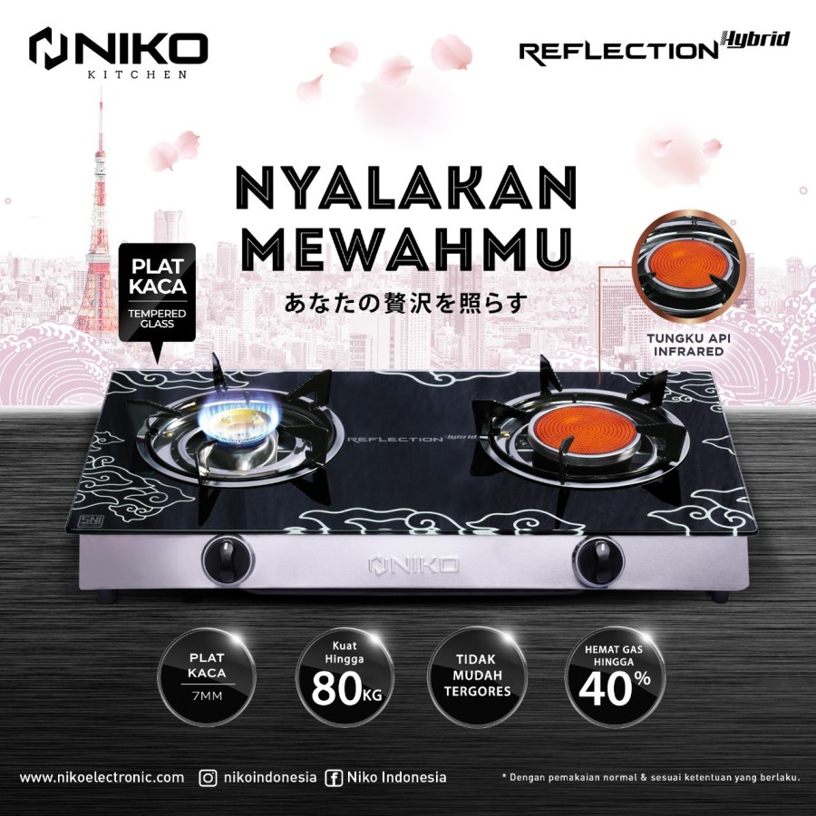 Kompor Gas 2 Tungku Niko Reflection HYBRID Api Lilin &amp; Api Bara Mewah