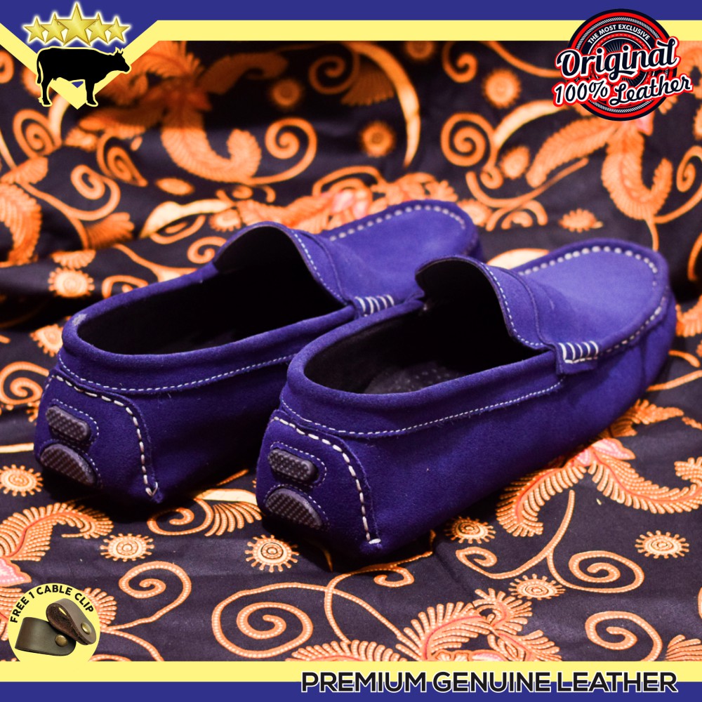 SEPATU PANTOFEL PRIA CASUAL KERJA KULIT SAPI ASLI SUEDE WARNA BIRU