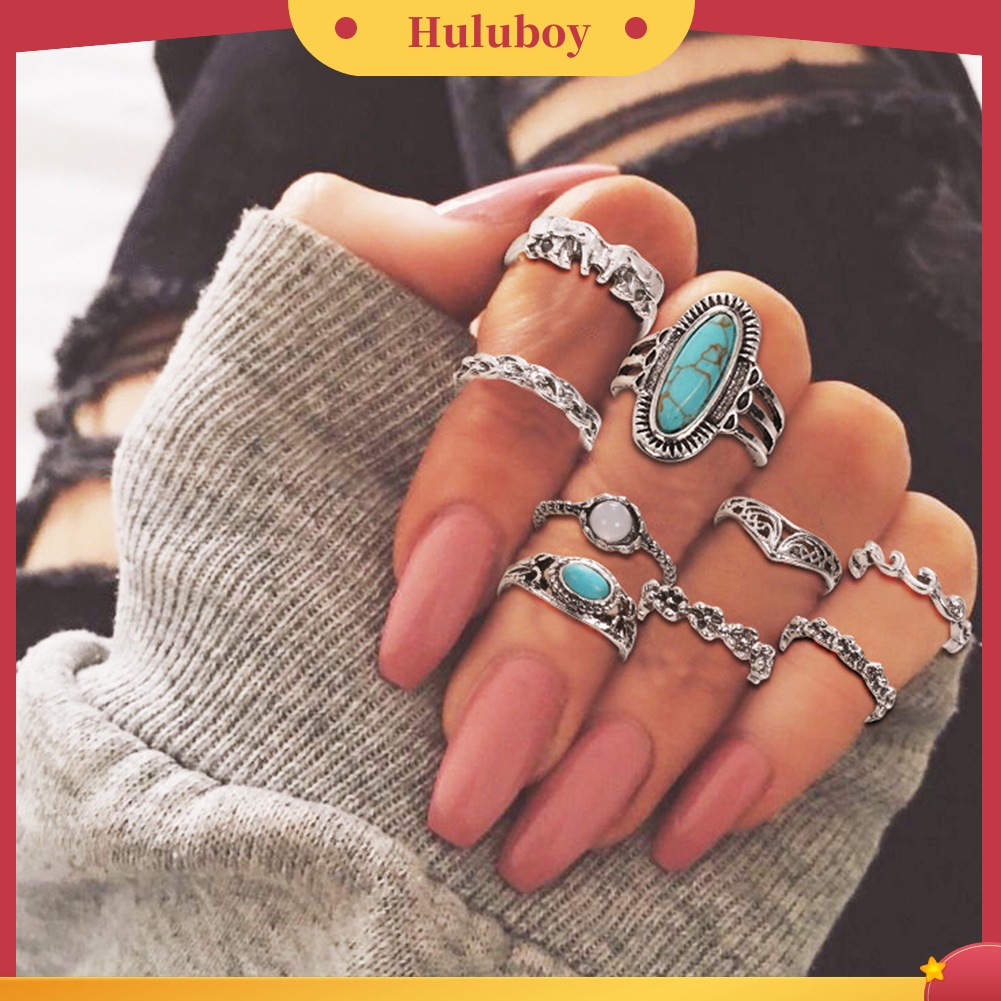 Hu Hu Hu Hu Hu Alat Bantu Pasang Kacamata♡ 9 Pcs / Set Cincin Jari Gaya Retro Bohemian Aksen Turquoise Imitasi Untuk Wanita