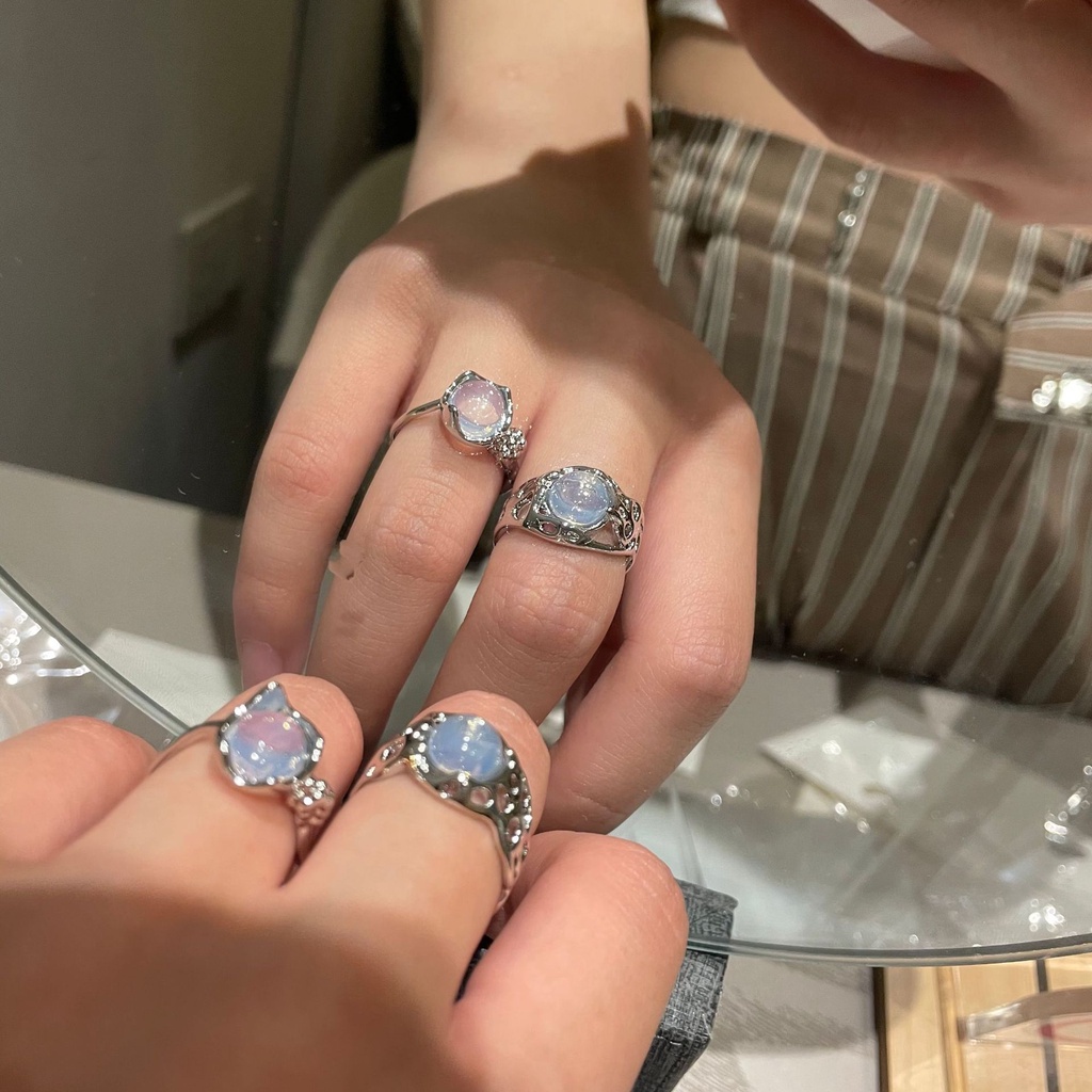 AY(CN) Cincin Model Terbuka Desain Bunga Opal Warna Silver Untuk Wanita