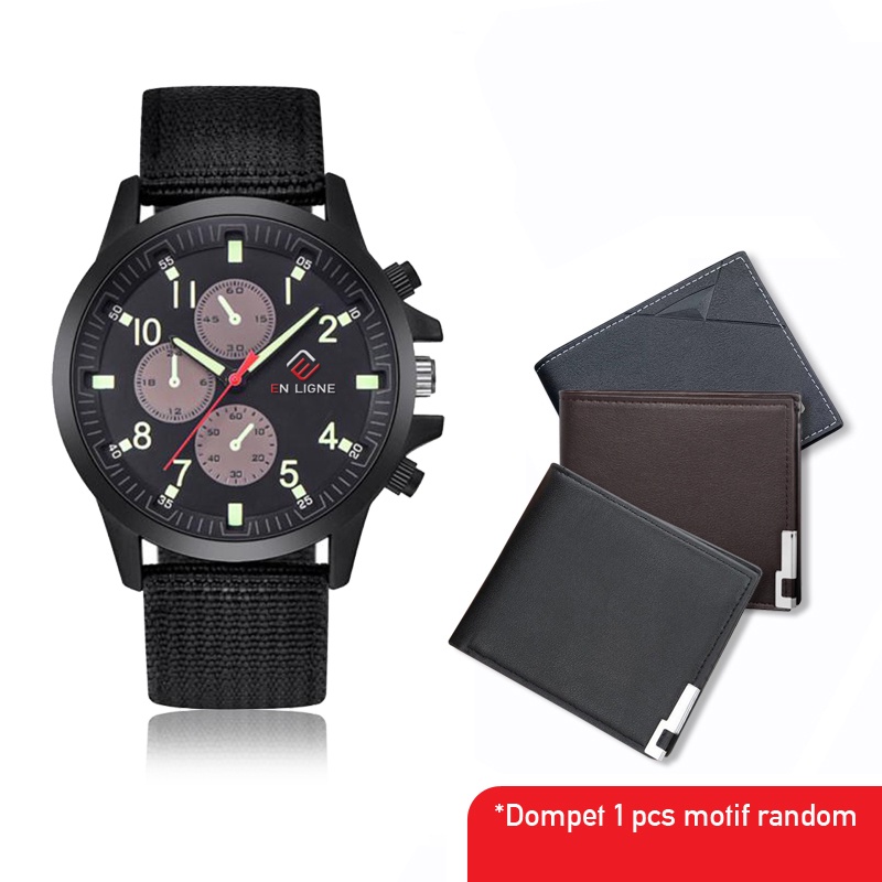 EN LIGNE - Jam Tangan Pria Set - Jam Tangan Gift - Jam Tangan Kado - Jam Tangan Dompet Set - Kado Ultah - Hampers-VARIANT 7A KANVAS BL