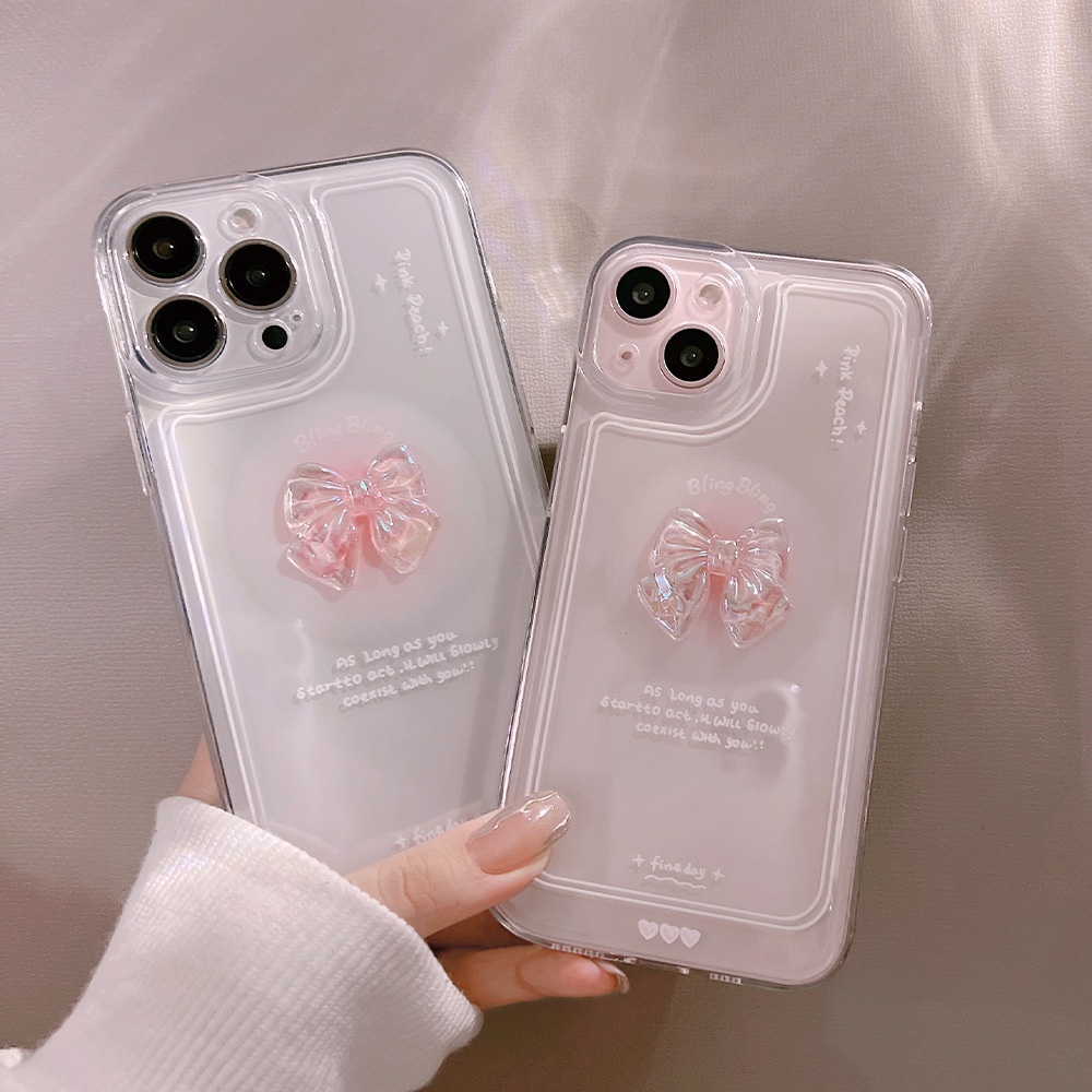 Soft Case Pelindung Desain Pita Kristal Pink 3D Transparan Untuk Iphone 7 8 PLUS X XR XS 11 12 13 14 MINI PRO MAX SE 2020