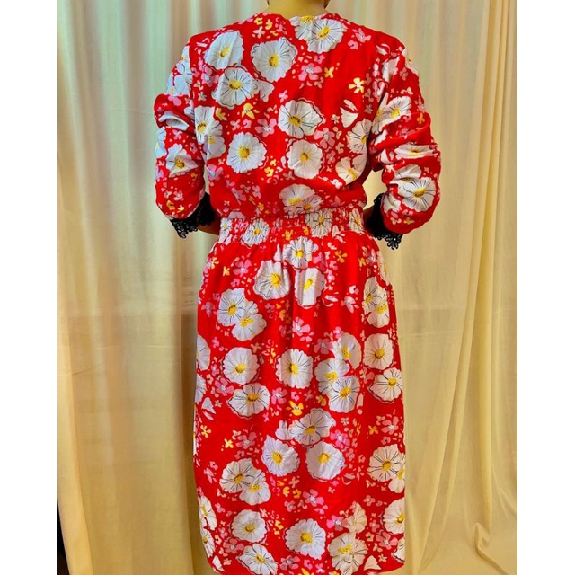 (Limited) Vintage Midi Dres Flower Red, Dres Merah Bunga Putih Bahan Sifon Mix Brokat