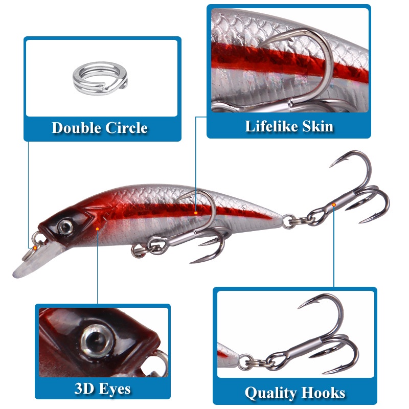 1 Pc Umpan Pancing Hard Bait Bentuk Ikan Kecil Mata 3D Ukuran 6cm / 7g Dengan 2 Kail Treble 6 Warna