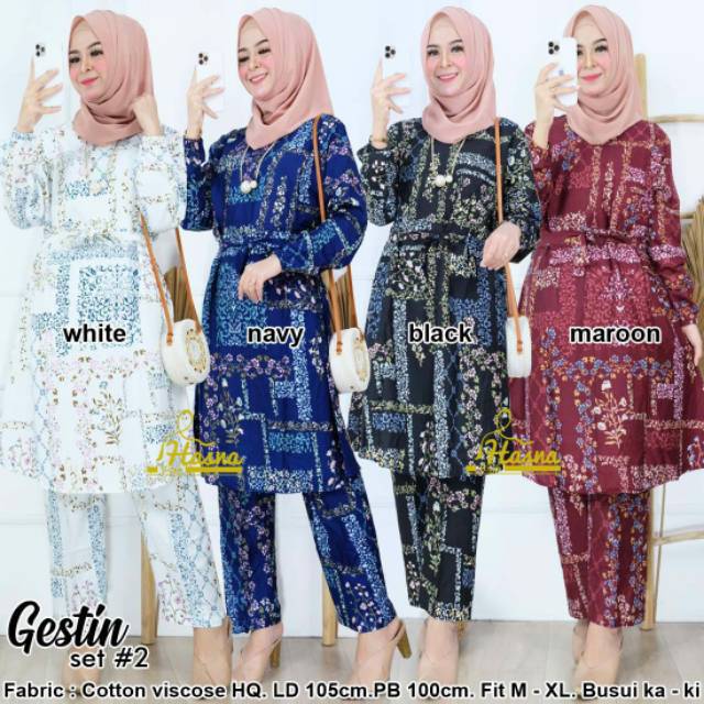 Gestin Set Bahan Katun Rayon HQ By HASNA / One Set Motif Tunik & Celana Cantik Simple