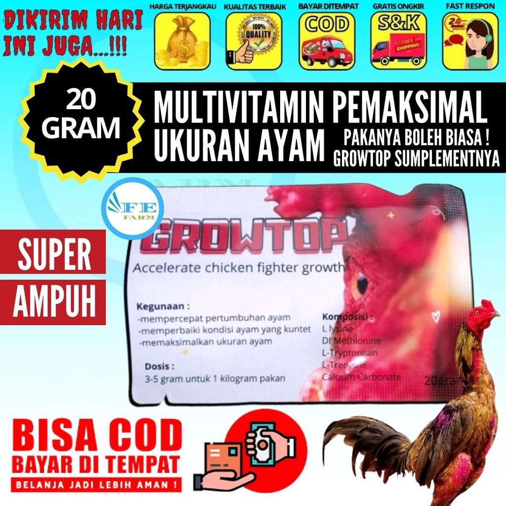 Pemacu Pertumbuhan Ayam 20gram Laga Jamu Ayam Aduan Growtop Untuk Meningkatkan Kekebalan Tubuh dan Ukuran Ayam FEFARM