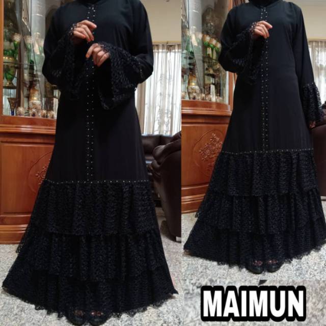 Abaya Saudi Exclusive Hitam Renda Bertabur Mutiara