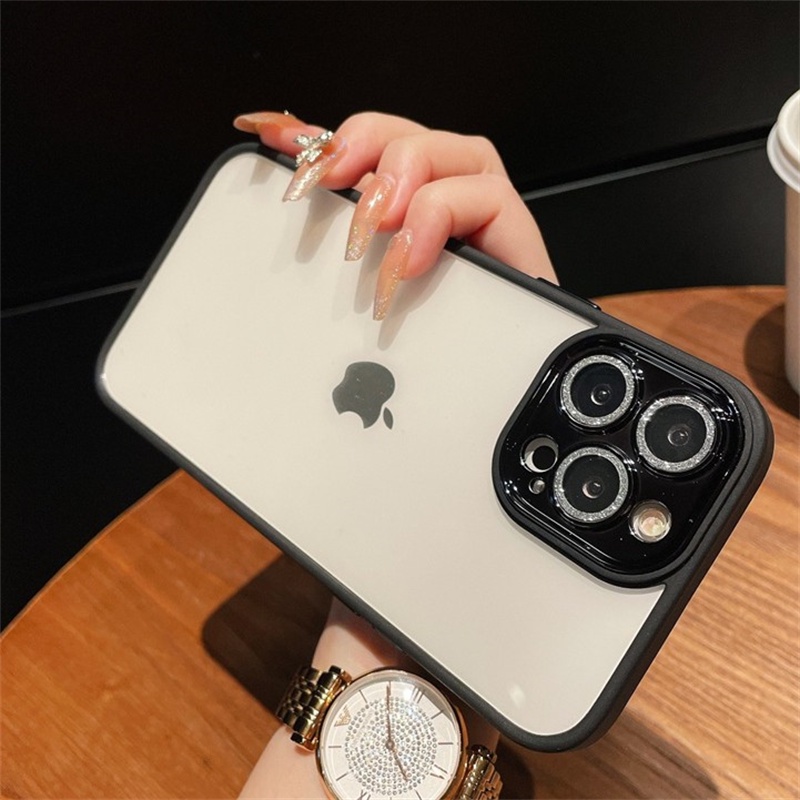 Transparent Case with Flash Drill Lens Film Compatible for iPhone 14 13 12 Pro Max Phone Case iPhone 11 Acrylic Simple Shockproof Cover