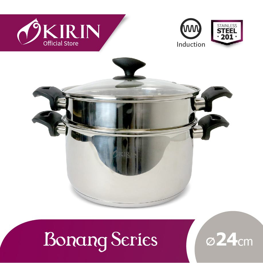 Kirin Bonang Series Dandang Steamer Pot Panci 24 Cm + Tutup Kaca - Silver