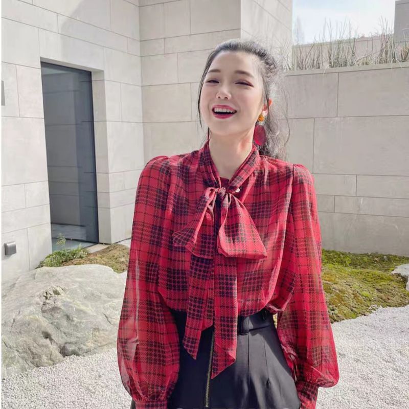 MDLV ~ 6303# Red Tartan Tie Neck Shirt Kemeja korea kemeja kotak kemeja merah kemeja Chiffon Kemeja Premium Fashion Import