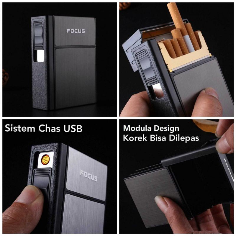 KOTAK ROKOK PLUS KOREK FOCUS 2 IN 1 CIGARETTE HOLDER UNIK DENGAN KOREK API COIL ELEKTRIK BR41