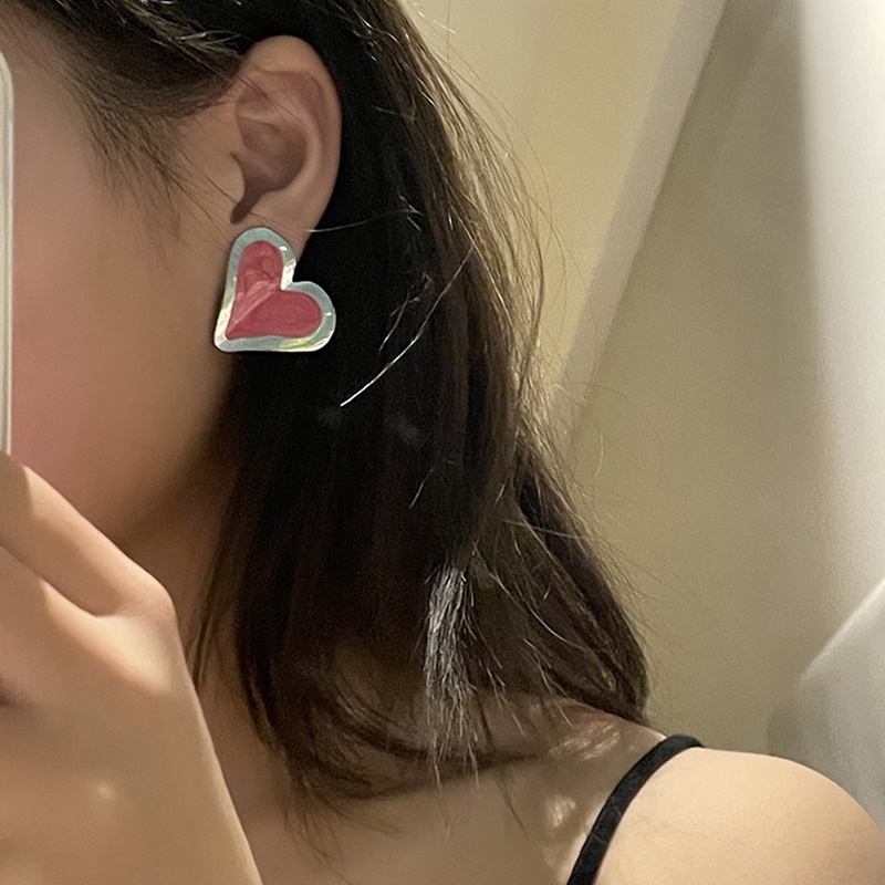 Anting Stud Rumbai Asimetris Desain Hati Warna Pink Untuk Wanita