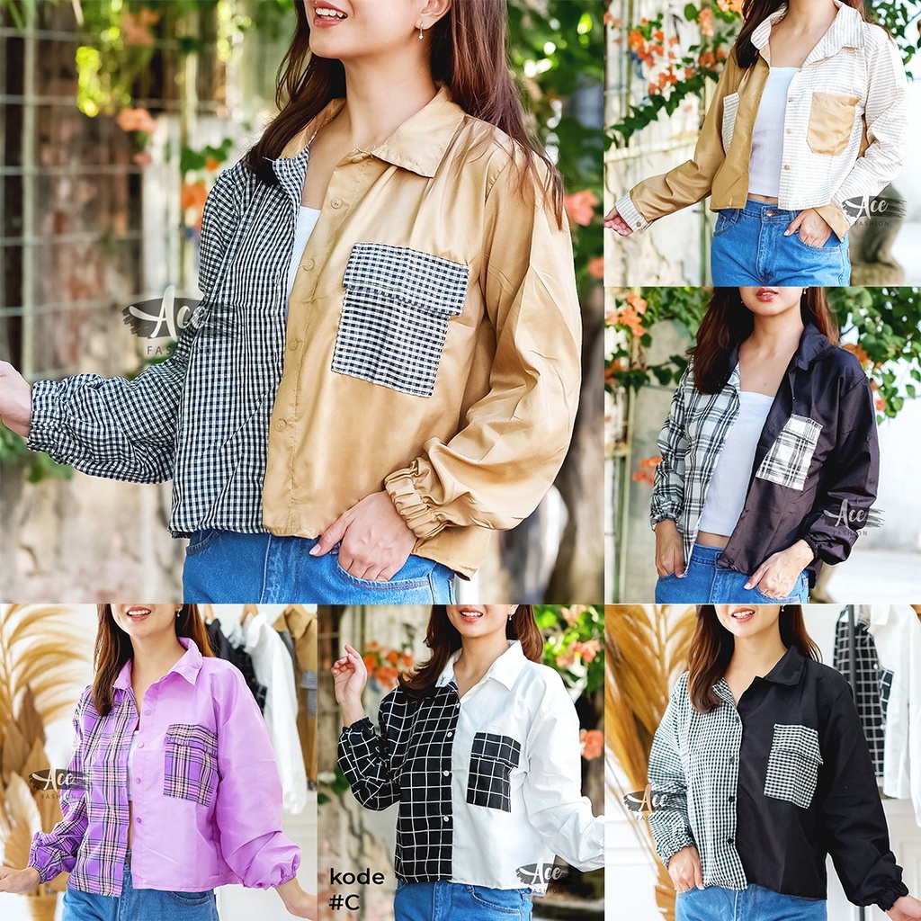 Haidy Combine Tartan Shirt / Kemeja Wanita / Blouse Wanita / Kemeja crop