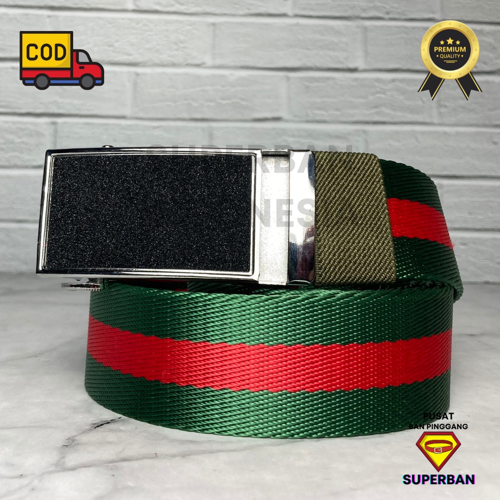 IKAT PINGGANG HIJAU MERAH LUXURY NYLON AUTOMATIC BUCKLE SILVER SABUK GESPER KEPALA OTOMATIS MODERN - SUPERBAN