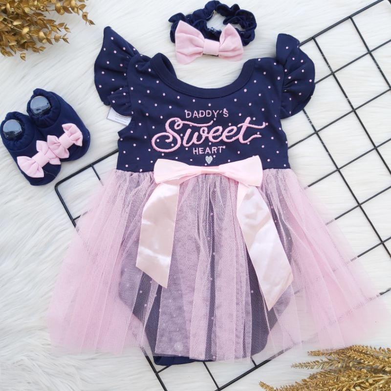 Baju jumper anak bayi cewek 3 - 8 bulan bahan katun lembut bagus dasi kupu kupu bando lucu