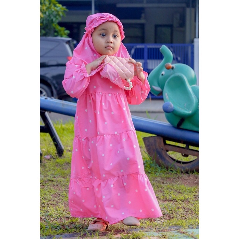 Gamis Katun Anak 1 - 6 tahun  Rufel Motif Pink Polkadot