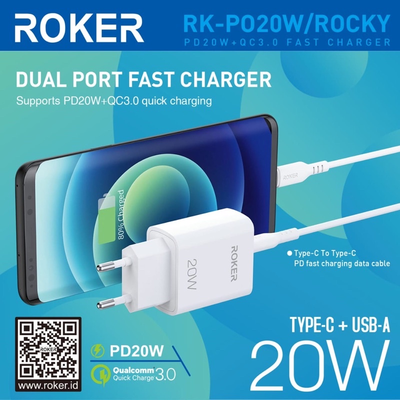 CHARGER - TC ROKER ROCKY PD 20W + QC 3.0 FAST CHARGING RK-PO20W