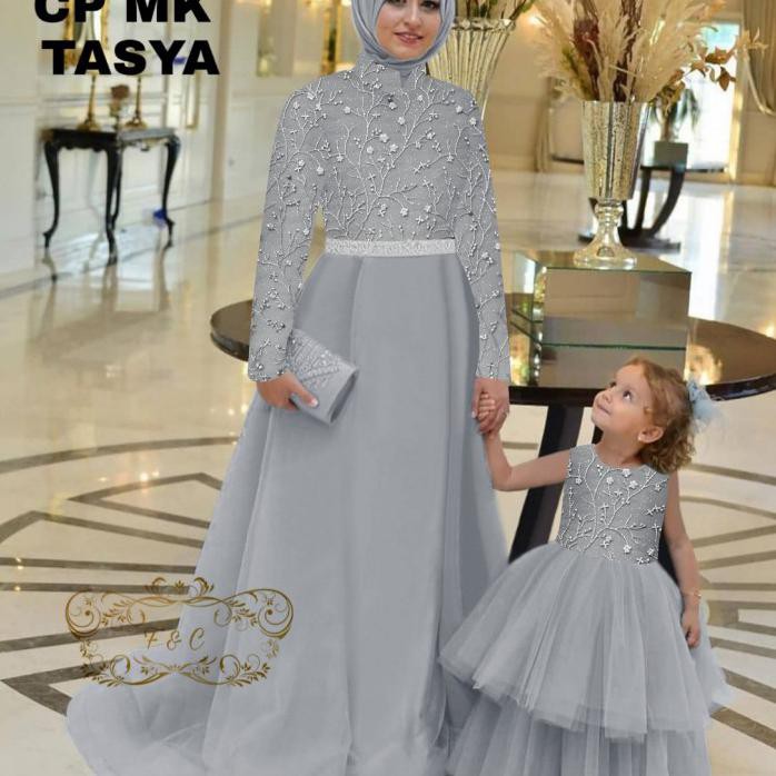 GAMIS PESTA BROKAT COMBI TILE COUPLE IBU DAN ANAK DRESS COUPLE TASYA - MERAH MUDA