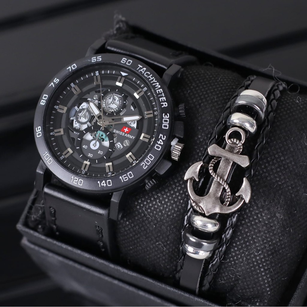 Jam Tangan Analog Pria Tali Kulit +Gelang & Box
