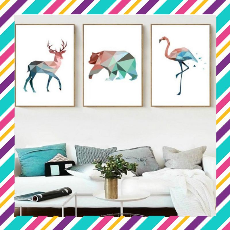 Poster Murah Berkualitas Surelife Geometris Rusa Beruang Flamingo Hewan Kanvas Lukisan Nordic Anime