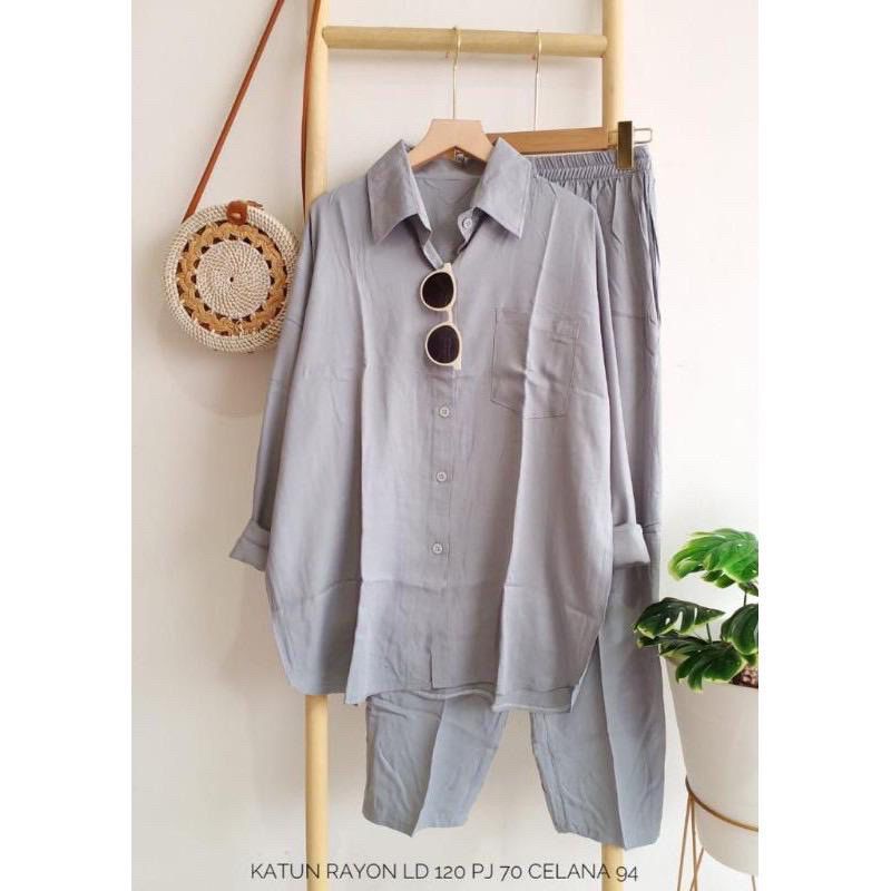 ONE SET RAYON JUMBO [M L XL XXL] LD 120 | DAILY SLEEPWEAR POLOS | SETCEL RAYON POLOS | TIEDIE POLOS | SETELAN BAJU TIDUR RAYON POLOS JUMBO-RIANI LIGHT GREY