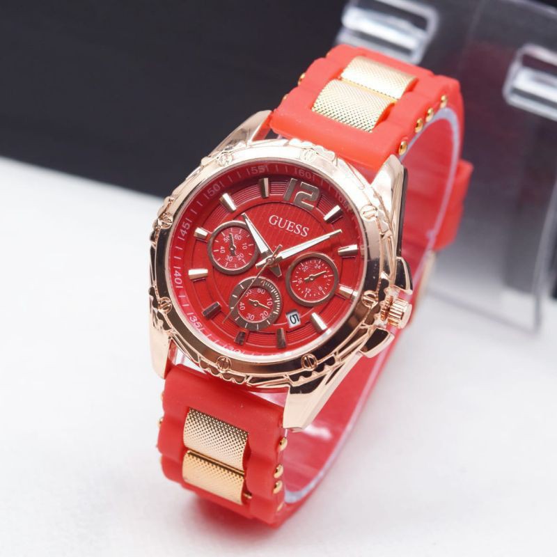 (Grosir)Jam Tangan Wanita Fashion Gues Tanggal Aktif Strap Rubber(Terima Cod)