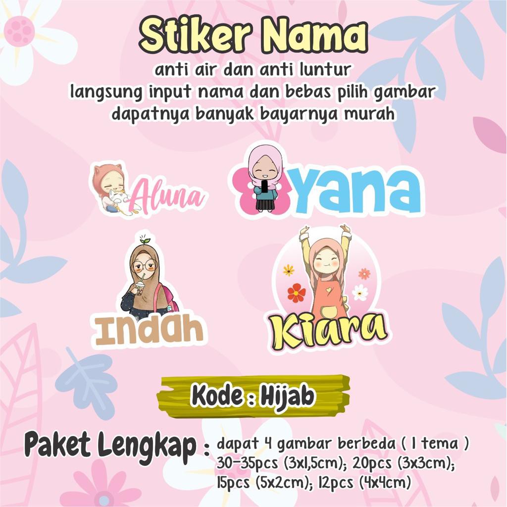

80-82 Pcs Sticker Nama Custom Anti Air Anti Luntur Tema Hijab