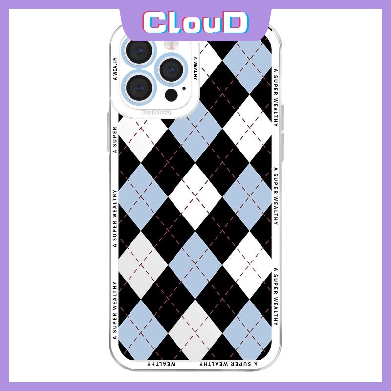 IPHONE Casing Ponsel Motif Grid Berlian Hitam Biru Kompatibel Untuk Iphone11 13 12 14 Pro Max6 6s 7 8 Plus X XR XS MAX SE 2020pelindung Kamera Angel Eyes Lembut Shockproof Penutup Anti Jatuh