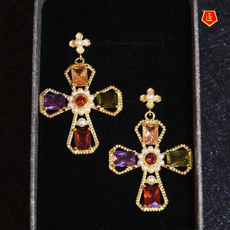 [Ready Stock]Color Gem Cross Gold Stud Earrings Women's Retro Fashion