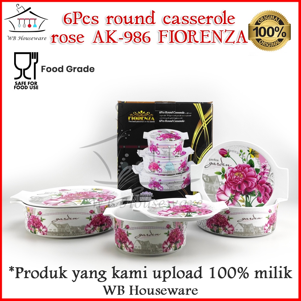 3 Pcs Wadah Saji Casserole prasmanan Bulat Keramik Motif Rose Fiorenza AK-986