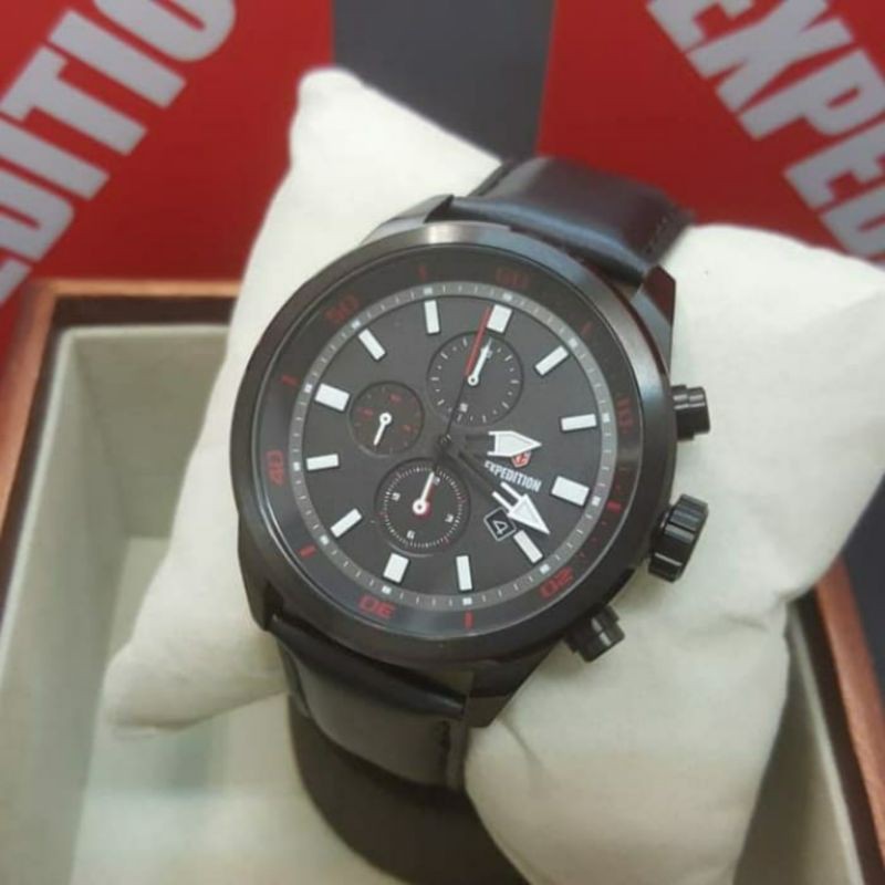 Jam Tangan Pria Expedition E 6776 e6776 Black RD Black Leather Original 47mm