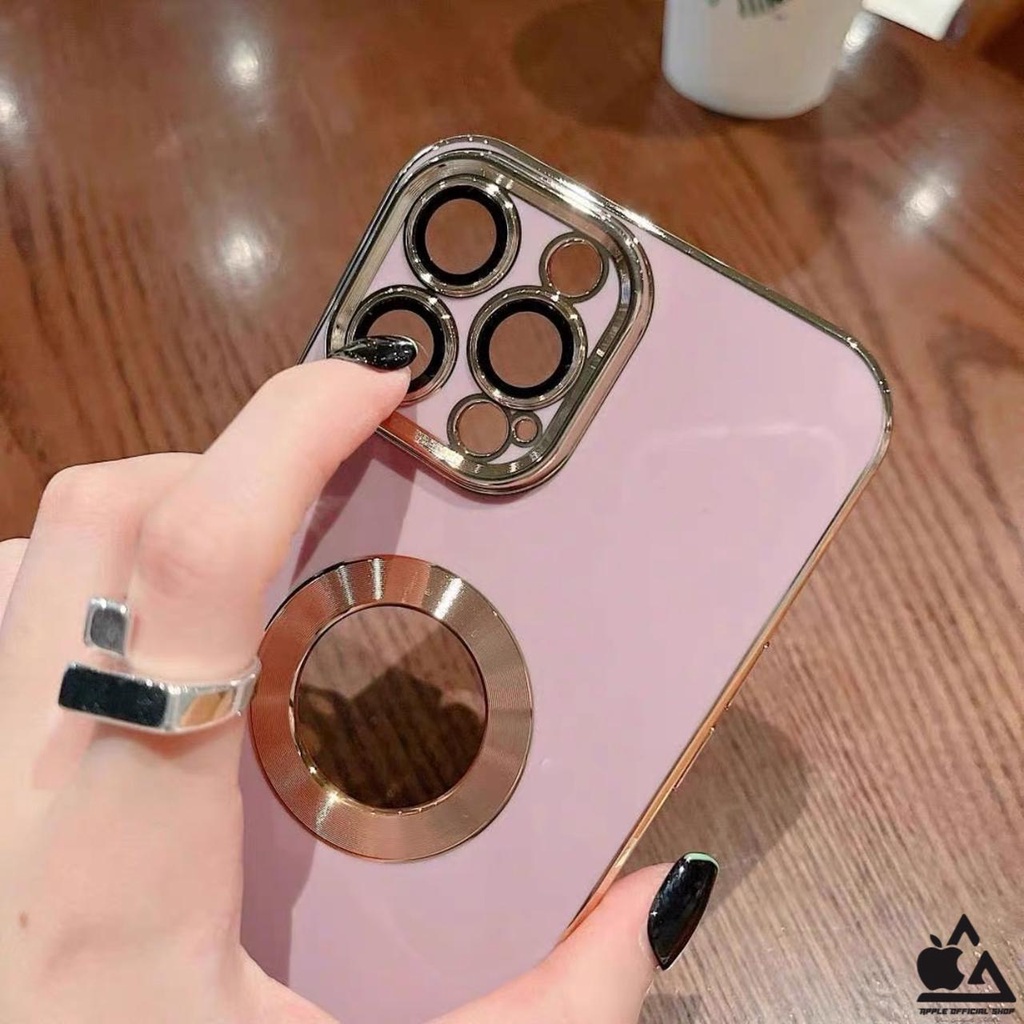 Premium Softcase Square Chrome LOGO BULAT iPhone 13 PRO MAX 12 PRO MAX 11 PRO MAX XR X XS MAX 7 7+ 8 8+ SE 2 3 With Lens Lensa Glass Camera Protector Soft Case Logo Apple List Krom Gold Electroplated Pelindung Kamera Silikon Jelly Clear Cover Bukan Hardca