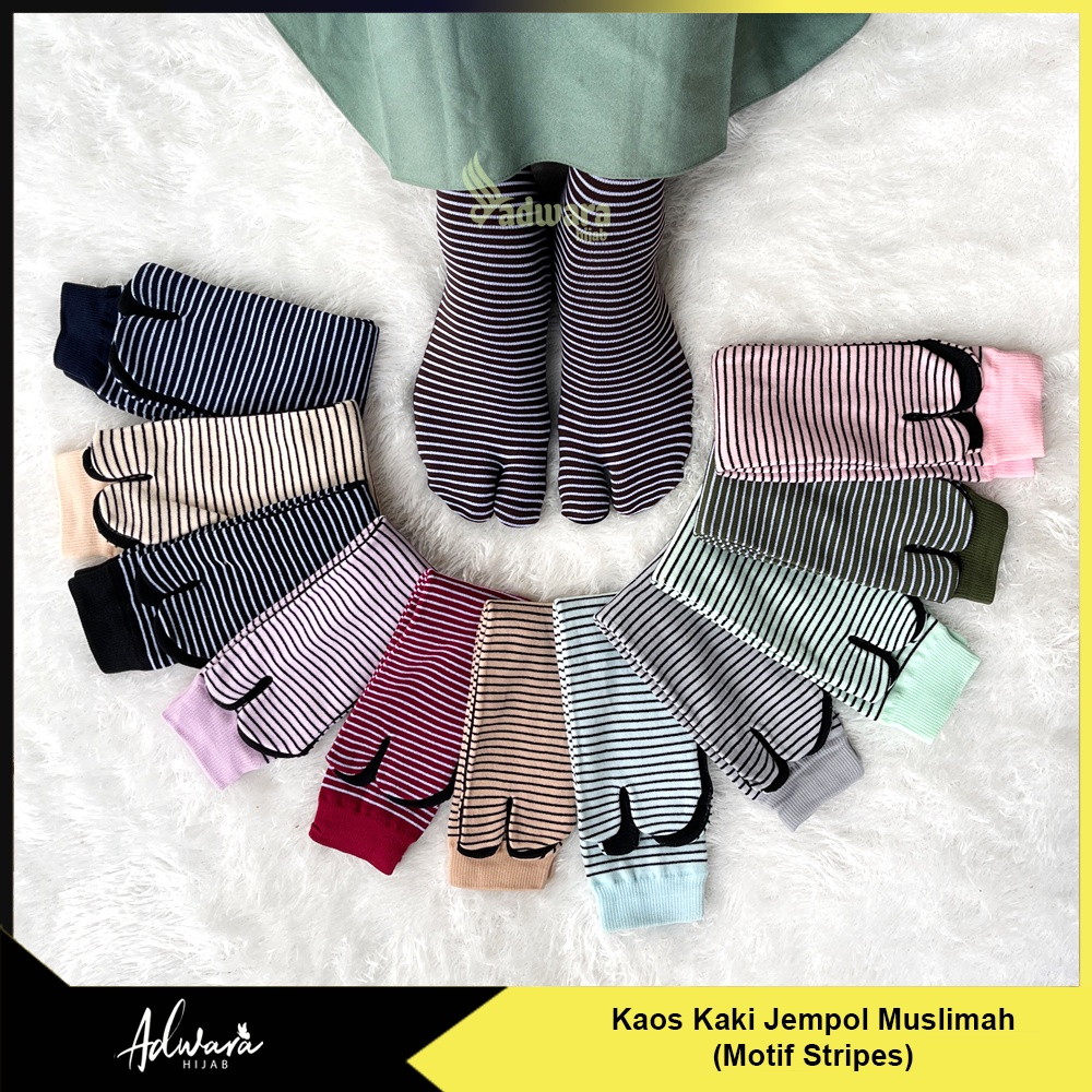Kaos Kaki Jempol Wanita Muslimah Motif Strip Garis Tapak Hitam (Panjang dan Tebal)