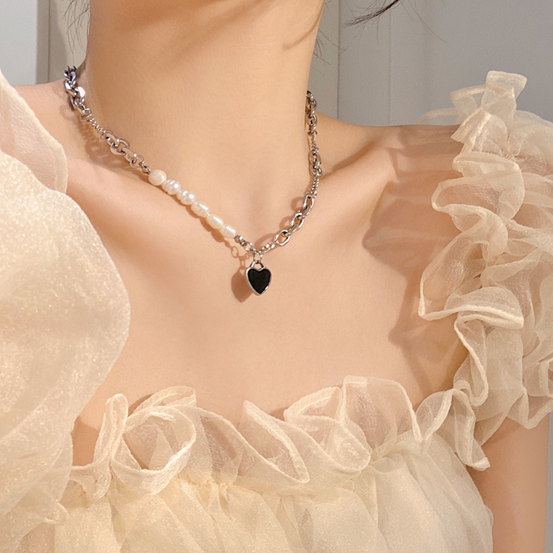 AY(CN) Y2k Kalung Choker Rantai Silver Liontin Hati Hias Mutiara Untuk Wanita