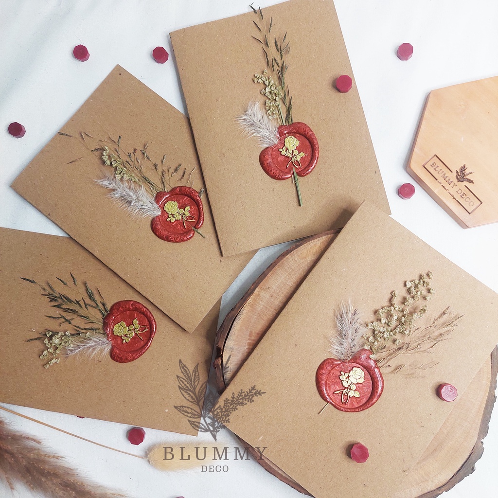 Kartu Ucapan vintage Greeting cards Wax Seal Stamp Bunga Dried Flower Aesthetic Retro-Model 1