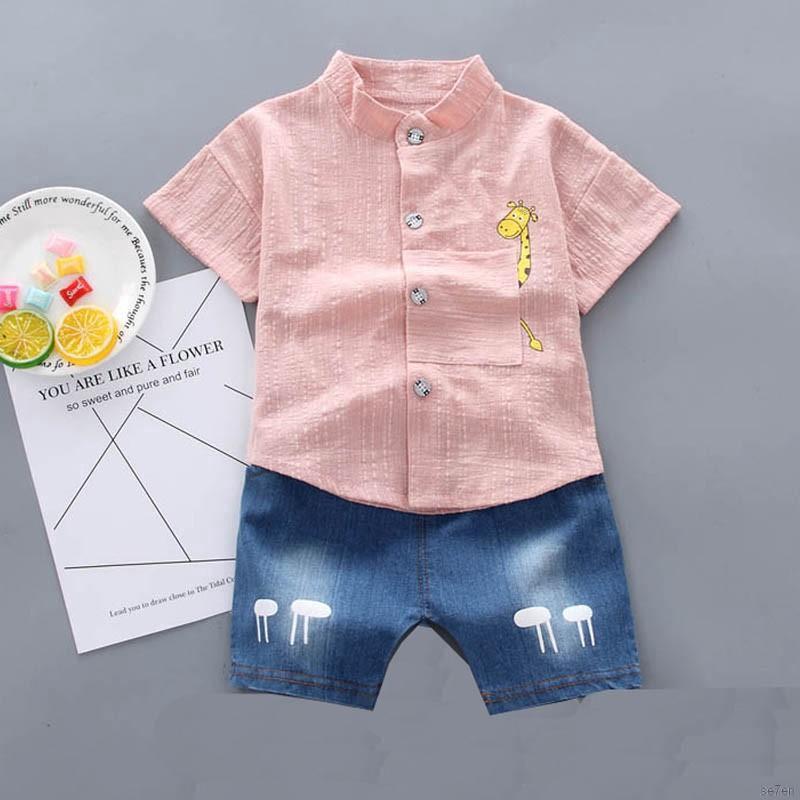 Set 2Pcs Kaos T-Shirt Casual Lengan Pendek Gambar Kartun Rusa Warna Polos + Celana Denim ...