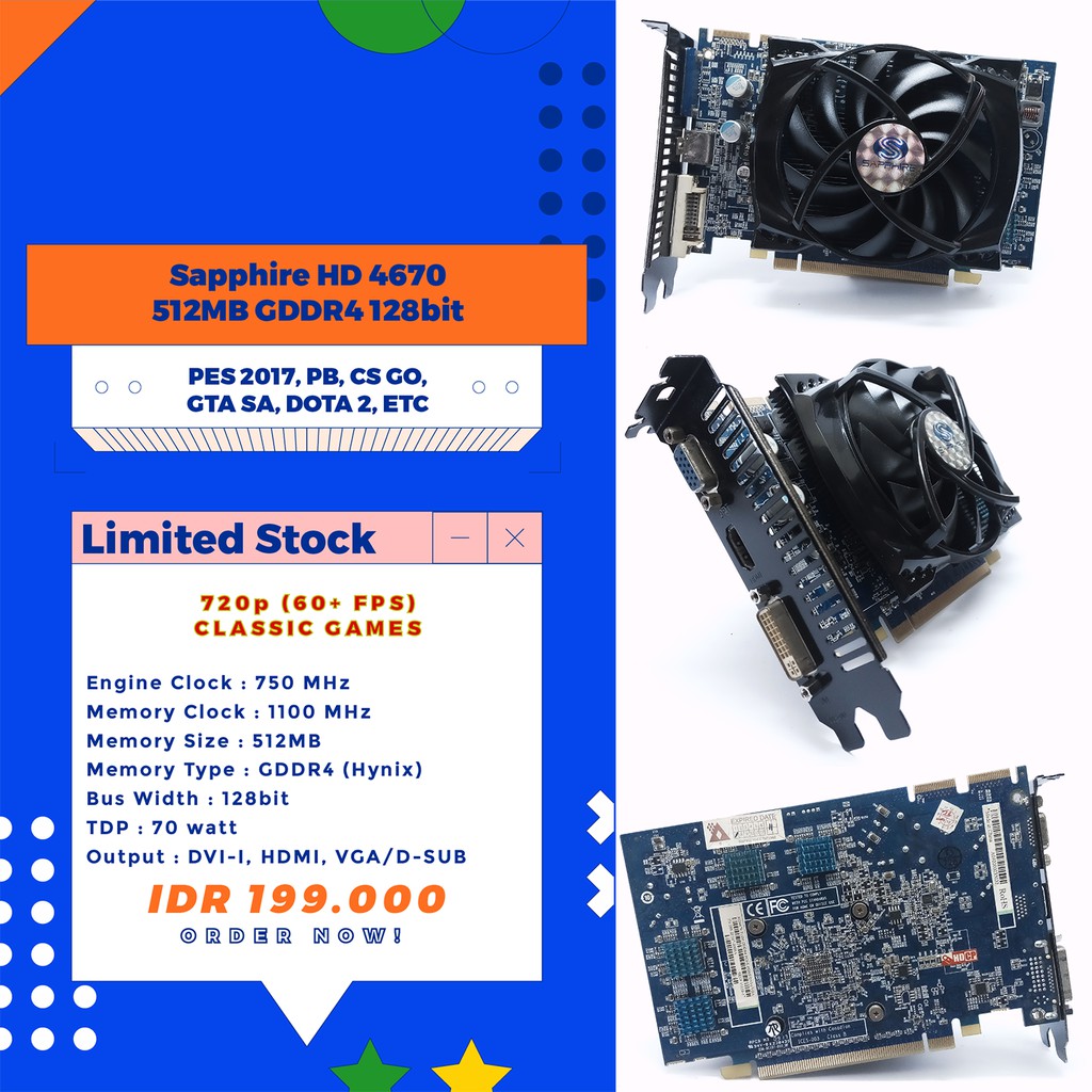 VGA Card Sapphire HD 4670 512MB GDDR4 HDMI, DVI, VGA Normal Bersih