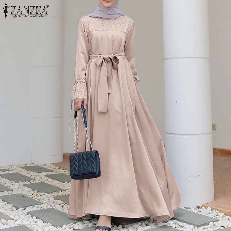 ZANZEA Women Fashion Flare Long Sleeve Solid Color Lace Patchwork Muslim Dress