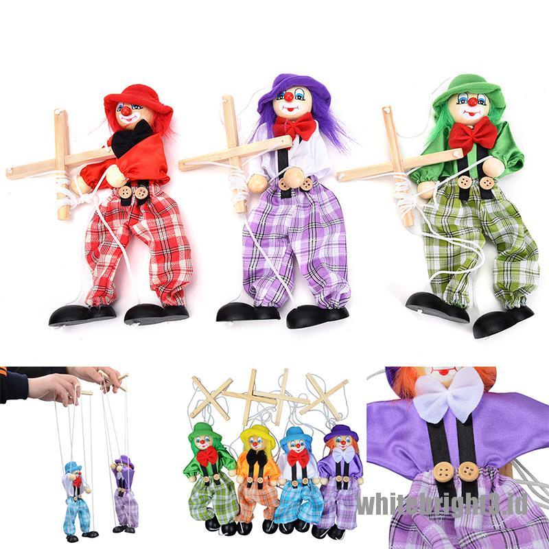 (white3) 1pc Boneka Badut Marionette Kayu Dengan Tali Penarik