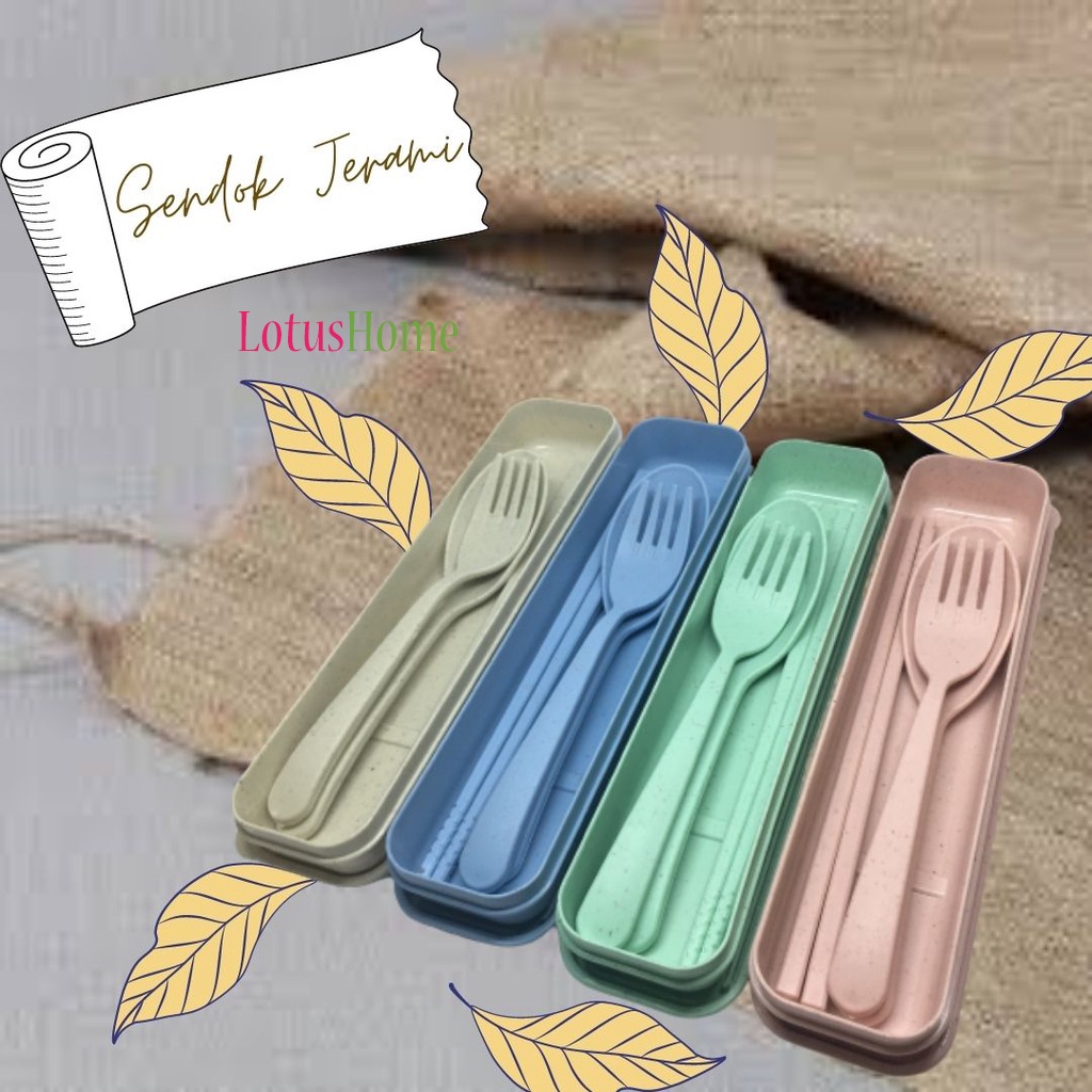 Sendok Set Garpu Sumpit Free Box Sendok Set Bahan Jerami + Kotak Sendok Set 3 in 1 Perlengkapan Makan Warna Warni Alat Makan