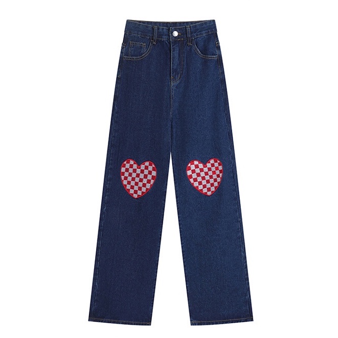 New Biru tua Korean LOVE Highwaist Bersulam Jeans Wanita （realpict）